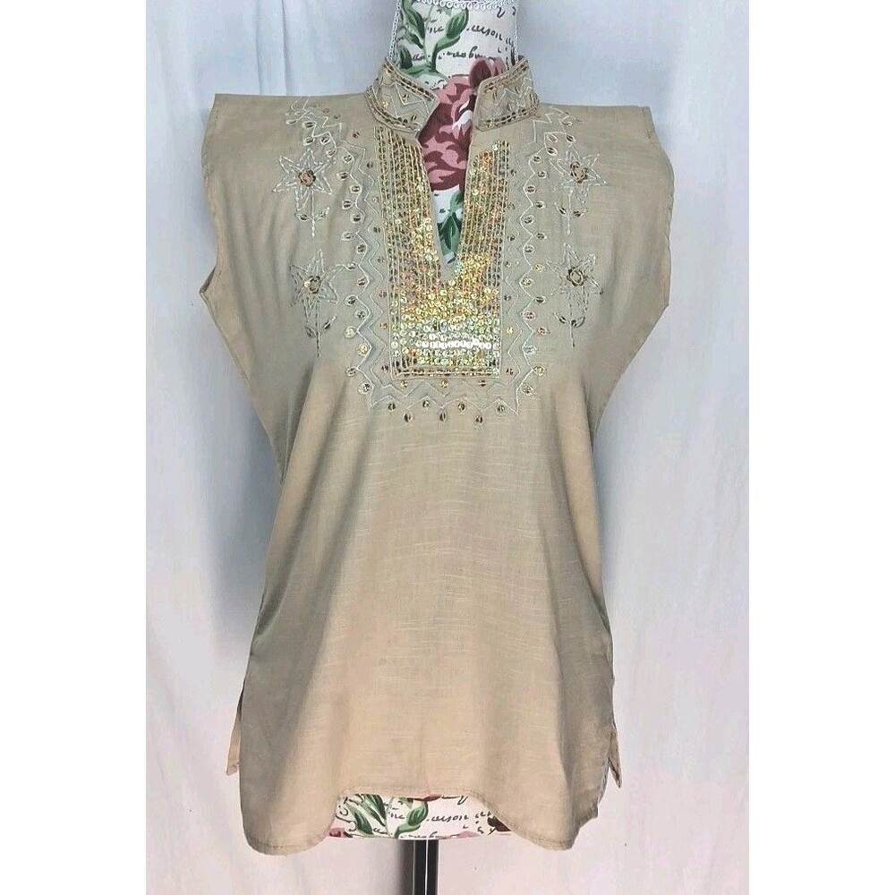 Womens Small Tan Peasant Top Sequined Fitted Handmade Boho Linen Cosplay Summer